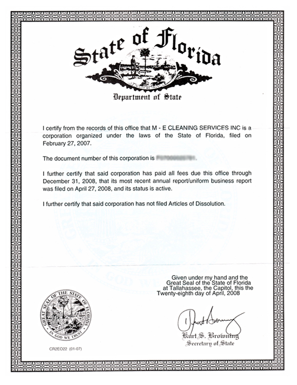 ME Cleaning corporate Certificate